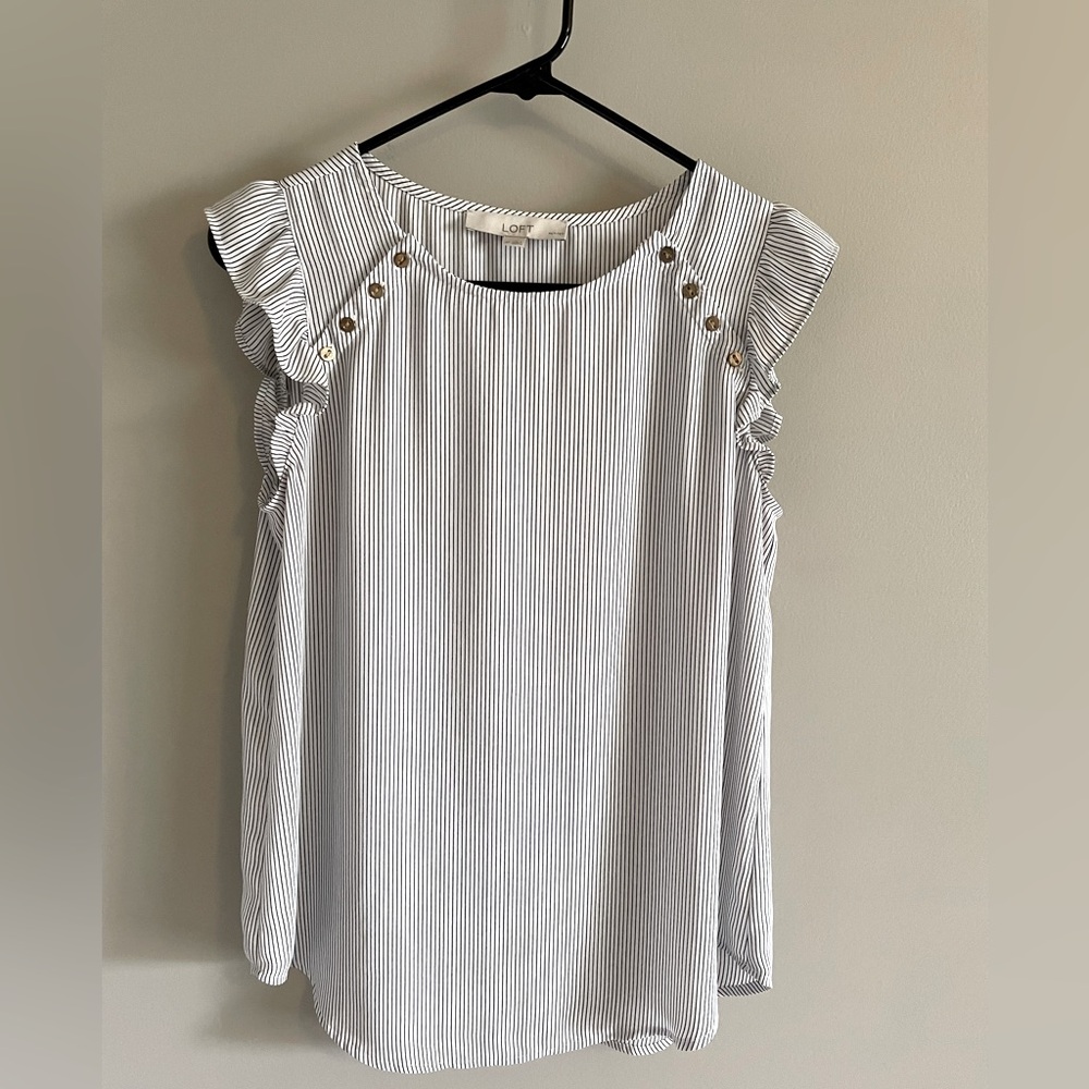 Loft Petite Small - Flutter Sleeved Black/White Striped Blouse